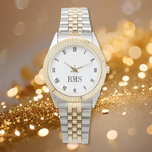 Svartvit monogram Guld Silver Tone Bracelet Armbandsur (Black and White Monogram Gold Silver Tone Bracelet Watch)