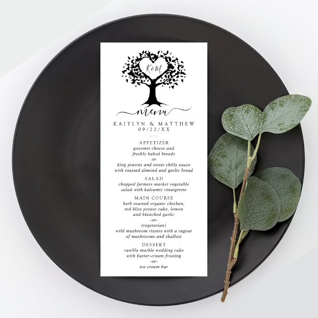 Svartvit Monogram Heart Träd Bröllop Menu Reklamkort (Skapare uppladdad)
