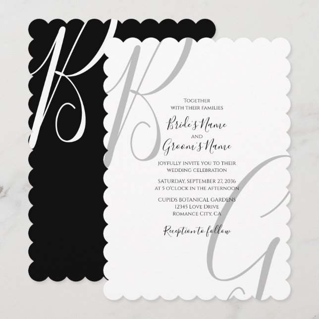 Svartvit Monogram Initialer Bröllop Inbjudningar (Fram/baksida)