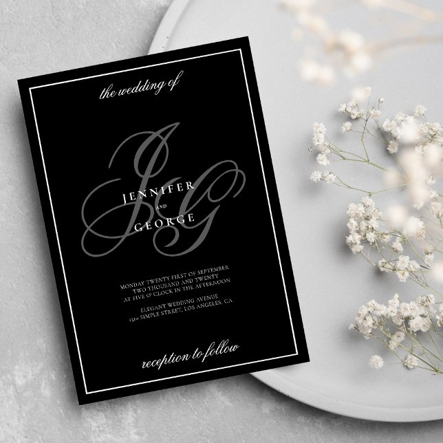Svartvit monogram initialer romantisk bröllop inbjudningar (Black white monogram initials romantic wedding invitation )