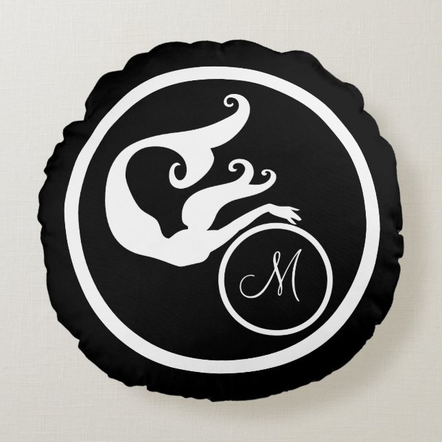 Svartvit (monogram) inledande vit sjöjungfru nauti rund kudde (Framsidan)