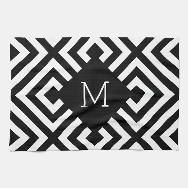Svartvit monogram kökshandduk (Horisontell)