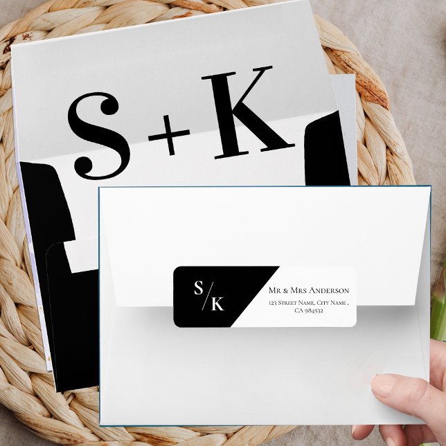 Svartvit monogram, minimalistisk Bröllop Adress Returadress Etikett (Black White Monogram Minimalist Wedding Address Label)