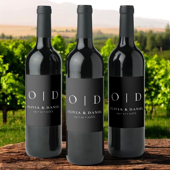 Svartvit monogram, minimalistisk Bröllop Vinflaska Etikett (Skapare uppladdad)