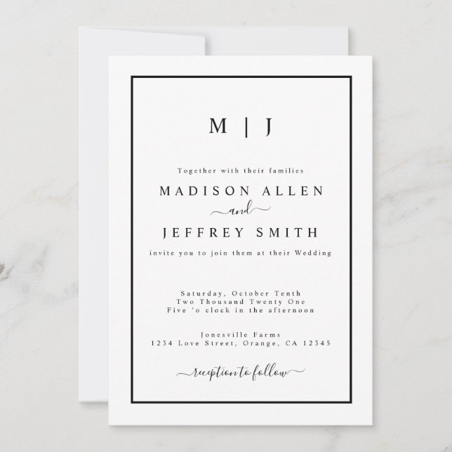 Svartvit monogram - minimalistisk bröllopsinbjudni meddelande (Framsida)