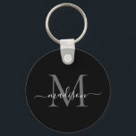 Svartvit monogram Namn Elegant Modern skript Nyckelring<br><div class="desc">Enkel svart vit monogram-Elegant Modern skriptnyckelkedja</div>
