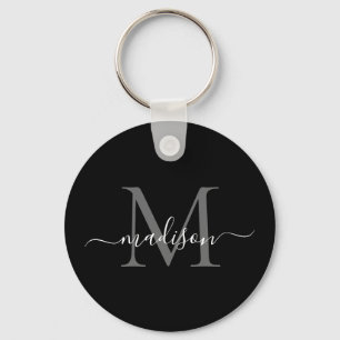 Svartvit monogram Namn Elegant Modern skript Nyckelring