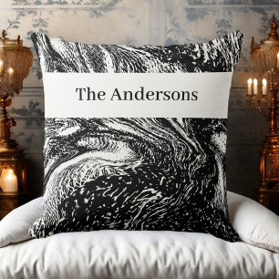 Svartvit monogram namn marble abstrakt line art kudde