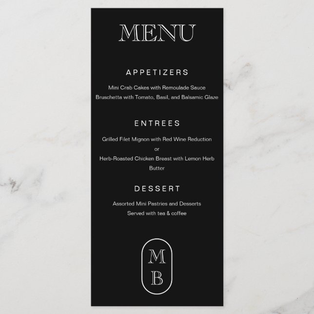 Svartvit monogram Personalize Bröllop Meny (Framsida)