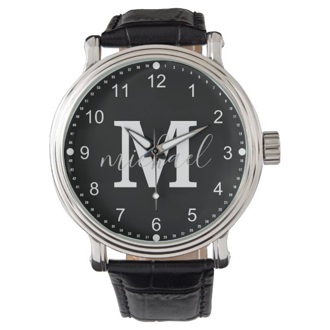 svartvit monogram personlig manar armbandsur (Framsida)