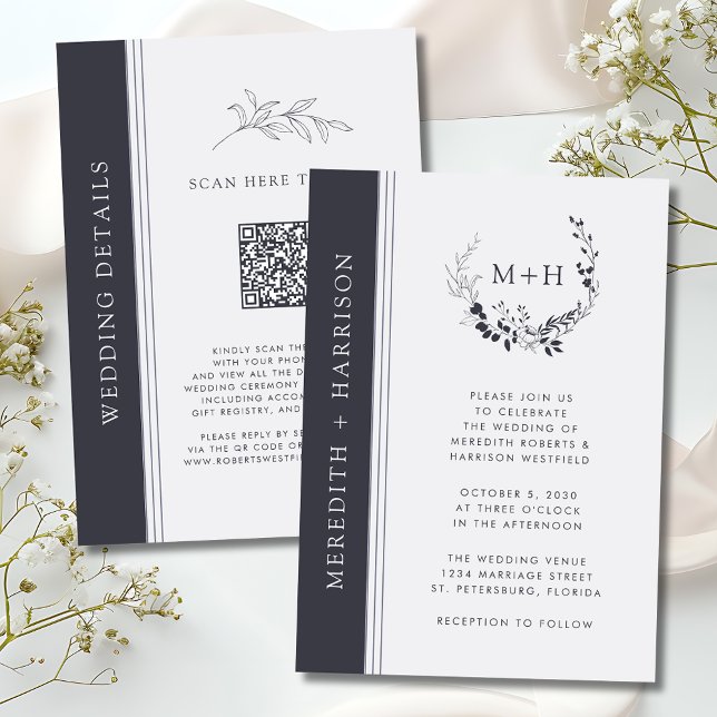 Svartvit monogram QR-kod Bröllop Inbjudningar (Monogram Black and White QR Code RSVP Inked Botanical Wedding Invitation)