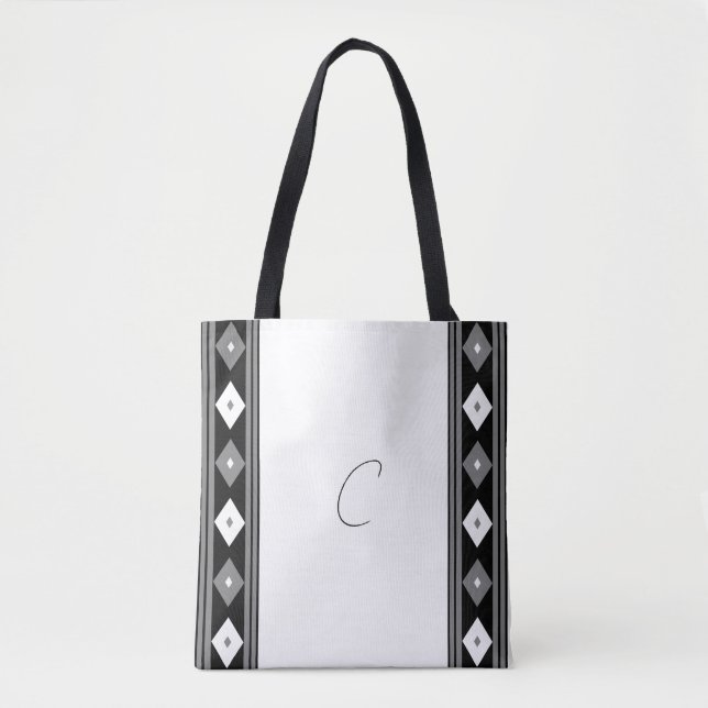 Svartvit monogram Rand och Diamond Tygkasse (Framsida)