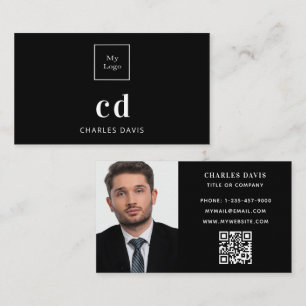 Svartvit monogramfoto Qr-logotyp Visitkort
