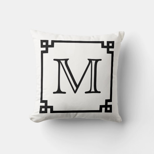 Svartvit Monogramgreknyckel Kudde (Framsida)