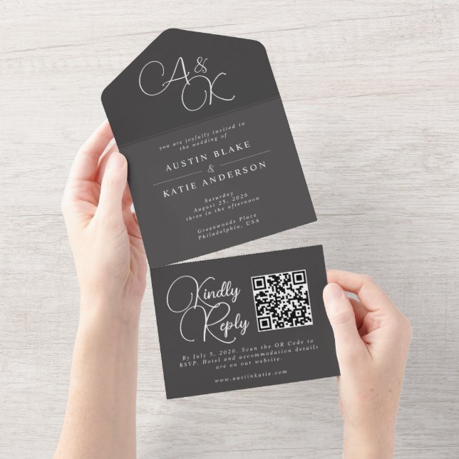 Svartvit monogramskript med minimalistisk QR-kod (Avrivbar del)