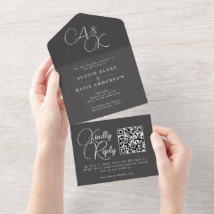 Svartvit monogramskript med minimalistisk QR-kod