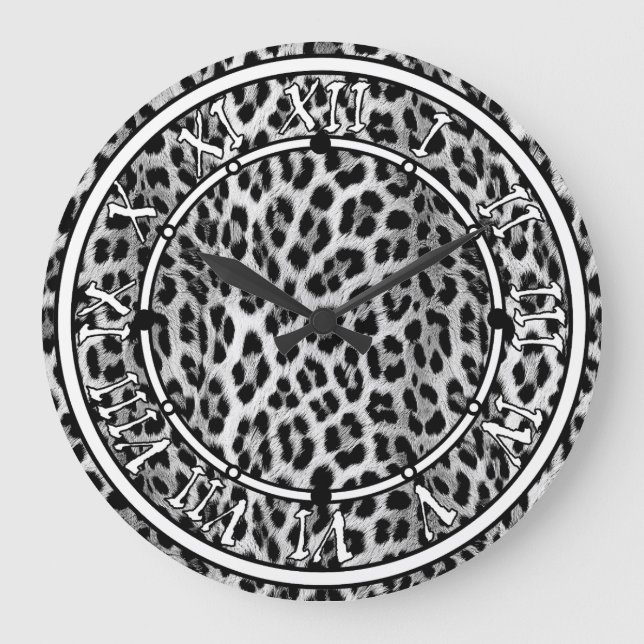 Svartvit monokrom, leopard mönster stor klocka (Framsida)