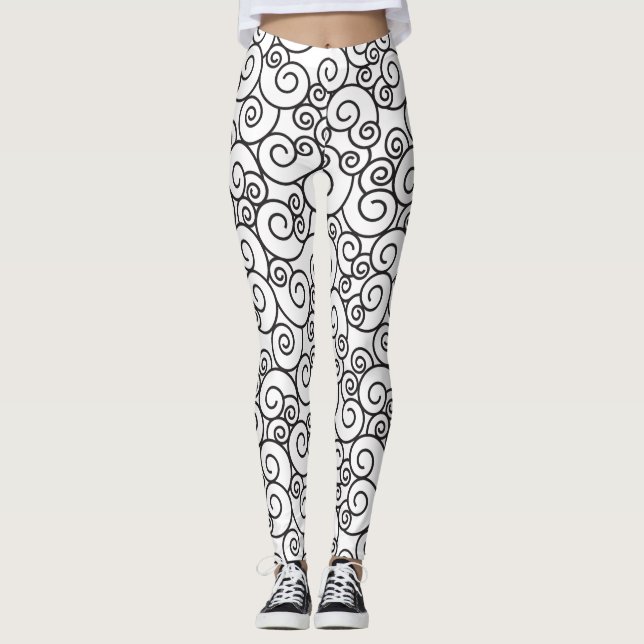 Svartvit Mönster-formgivning spiral twirly Leggings (Framsida)