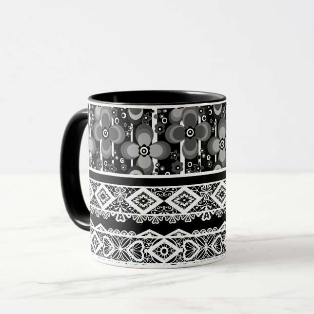 Svartvit mönster med snöre och lappverk mugg (Framsida vänster)