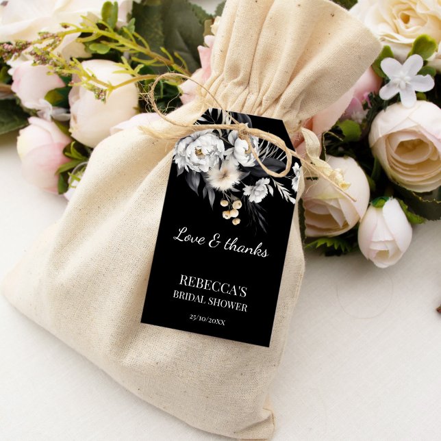 Svartvit moody möhippa för Bho Presentetikett (Black and white moody boho bridal shower favor gift tags thank you favor tags bridal shower favors)