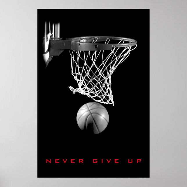 Svartvit Motivation Aldrig Ge Up Basketball Poster (Framsidan)