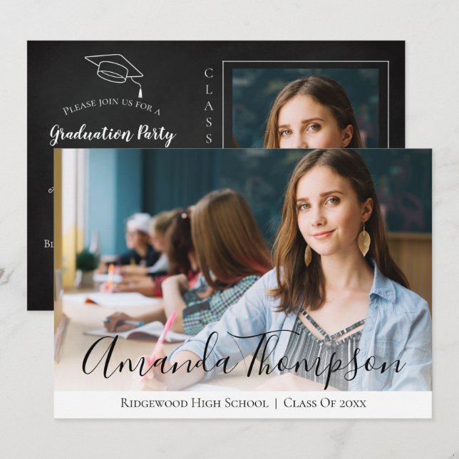 Svartvit multifoto Studenten med enkel Elegant Inbjudningar (Fram/baksida)