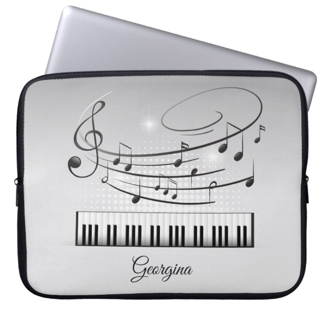 Svartvit Musik noter med eget namn Laptop Fodral (Framsidan)