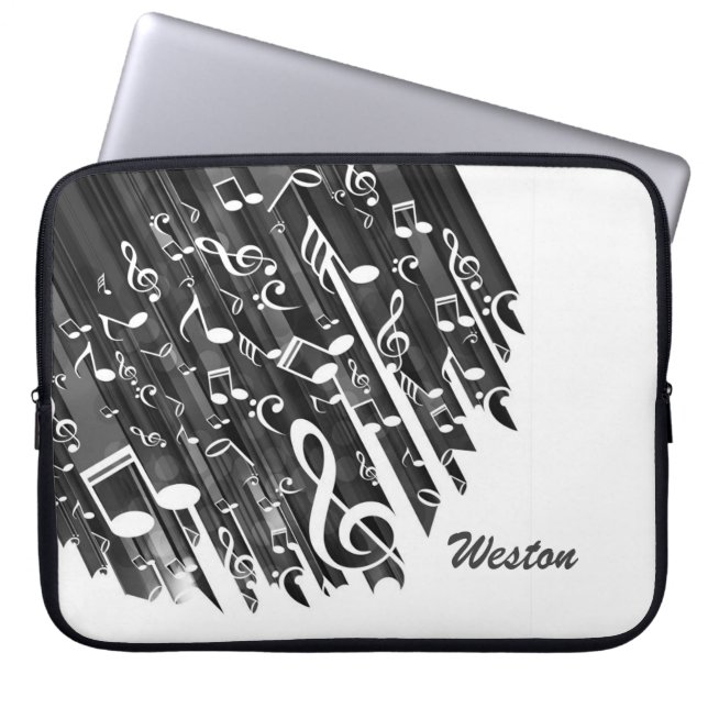 Svartvit Musik noter och Anpassningsbar Monogram Laptop Fodral (Framsidan)