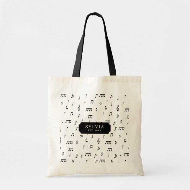 Svartvit Musik noter-symbol Mönster Namn Tygkasse (Framsidan)
