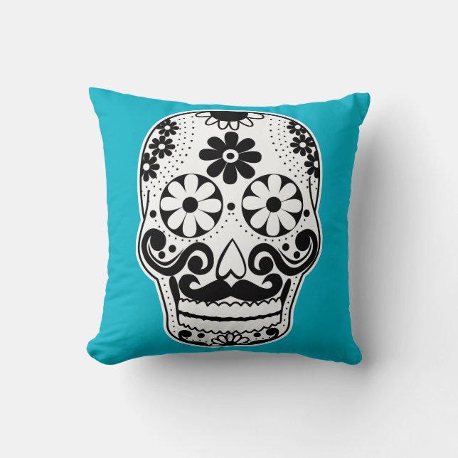 Svartvit mustache Sugar Skull Kudde (Framsida)