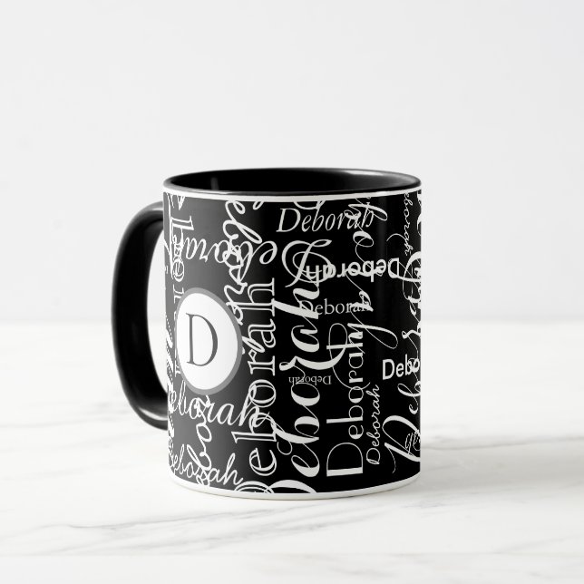 svartvit namn mönster med monogram mugg (Framsida vänster)