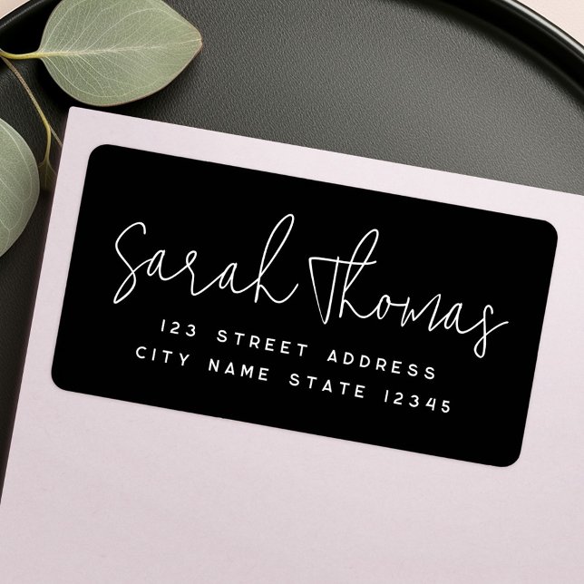 Svartvit namn-returadress adressetikett (Handwritten name black return address label)