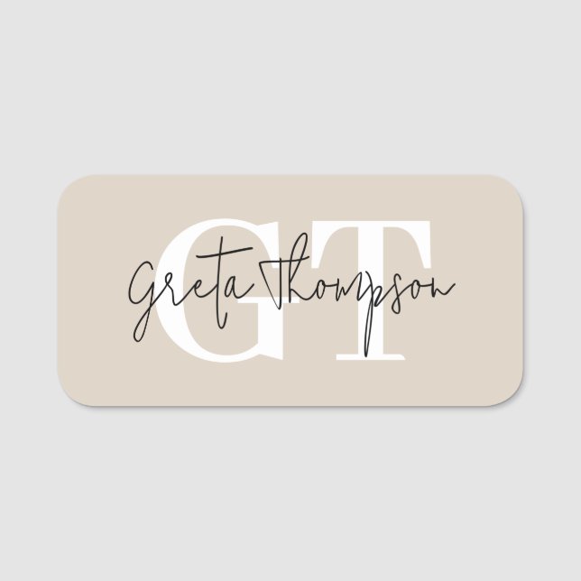 Svartvit Namnteckning Namn Monogram Beige Namnbricka (Framsida)
