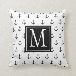 Svartvit nautisk anchor Monogram Kudde