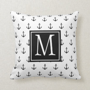 Svartvit nautisk anchor Monogram Kudde