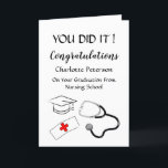 Svartvit Nurse Studenten Grattis Kort<br><div class="desc">Det Grattis svarta och vita sjukförsäkringskortet i Studenten har "du gjorde det"-typografi i svartvitt.Det innehåller även studentmössa,  sjukhylsa och stetoskop.Inuti kortet finns ett meddelande som kan vara personlig.Klicka på knappen Anpassa om du vill anpassa det.</div>