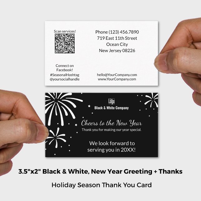 Svartvit - nytt år Hälsning & Tack Visitkort (Black & White New Year Greeting & Thank You Business Card; Size: 3.5x2 Inch (US))
