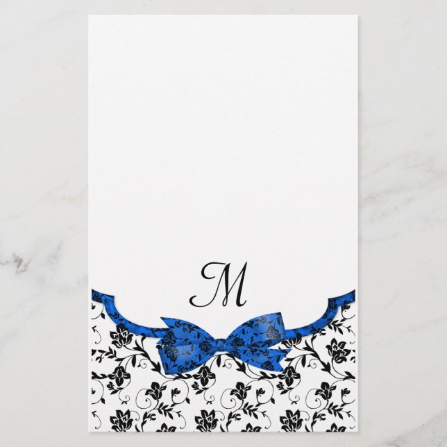 Svartvit och blå Bröllop-satatin, Blommigt Brevpapper (Framsida)