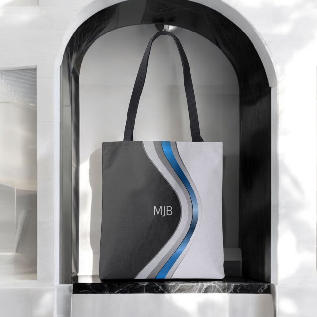 Svartvit och blå modern Kurvor med Monogram Tygkasse (Personalize with your monogram initials.)