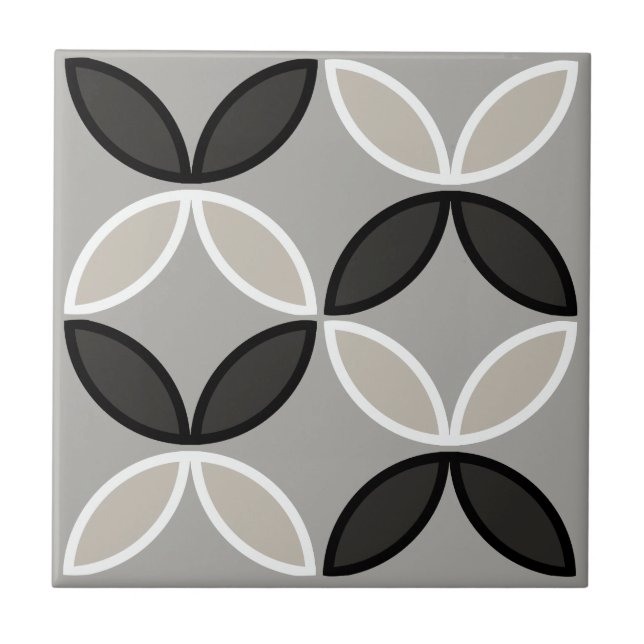 Svartvit och grått-cirkel eller blomblad kakelplatta (Framsidan)