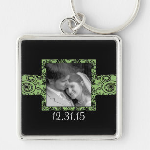 Svartvit och Grönt Bröllop-nyckelkedja med trådlös Fyrkantig Silverfärgad Nyckelring