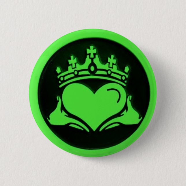 Svartvit och Grönt Claddagh Round Pin Knapp (Framsida)