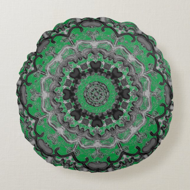 Svartvit och Grönt Mandala Round Pillow Rund Kudde (Framsidan)