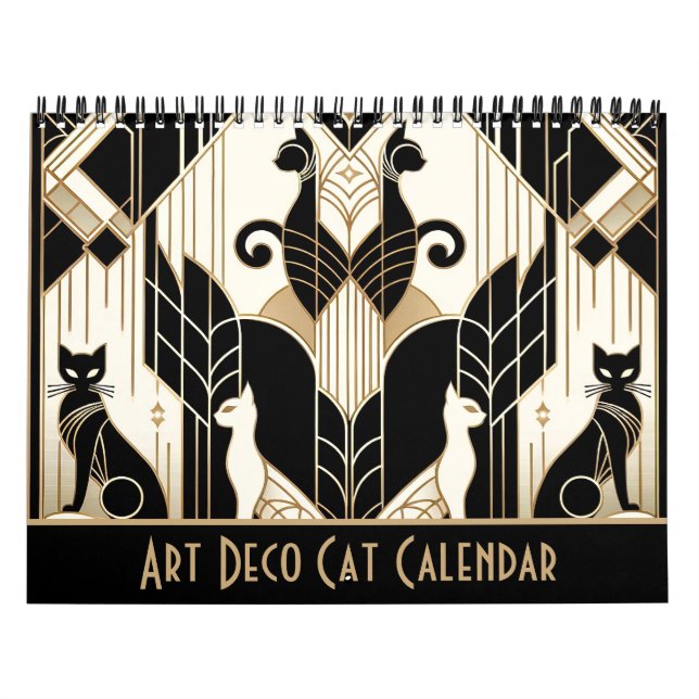 Svartvit och Guld Art Deco Cat Kalender (Omslag)