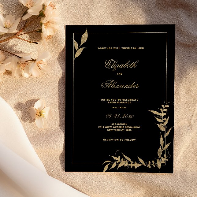 Svartvit och guld bläckfisk Bröllop Inbjudningar (Luxury black and gold foliage Wedding)