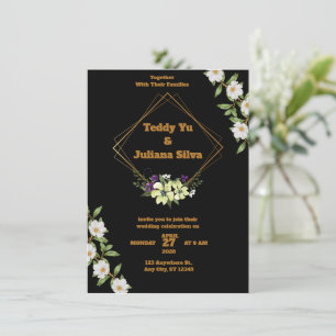 Svartvit och guld bröllopsinbjudan med blommor inbjudningar