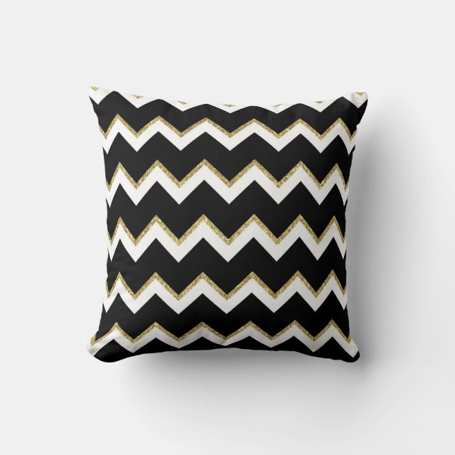 Svartvit och Guld Chevron Pillow Kudde (Framsida)