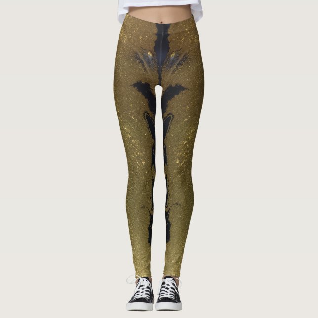 Svartvit och Guld Chic Swirl Modern Abstrakt Leggings (Framsida)