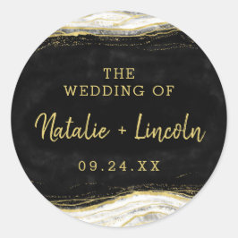 Svartvit och Guld Geode Agate Monogram Bröllop Runt Klistermärke