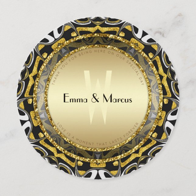 Svartvit och Guld Geometry Bröllop Round Meny (Baksida)
